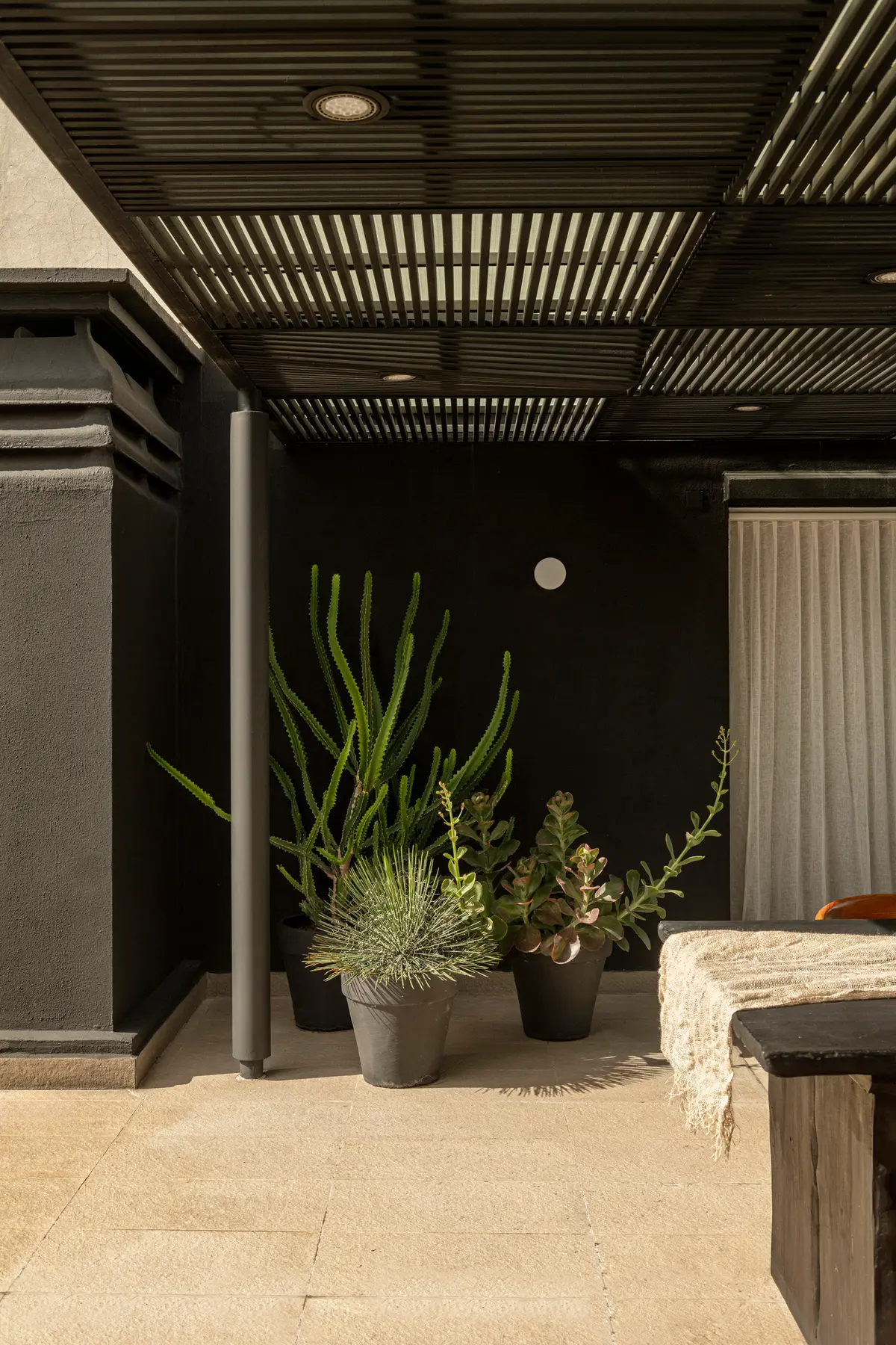 Pátio moderno com pérgola de metal, pedras e plantas — projeto Proyecto Cabello, por Alejandra Nusenovich, em Buenos Aires
