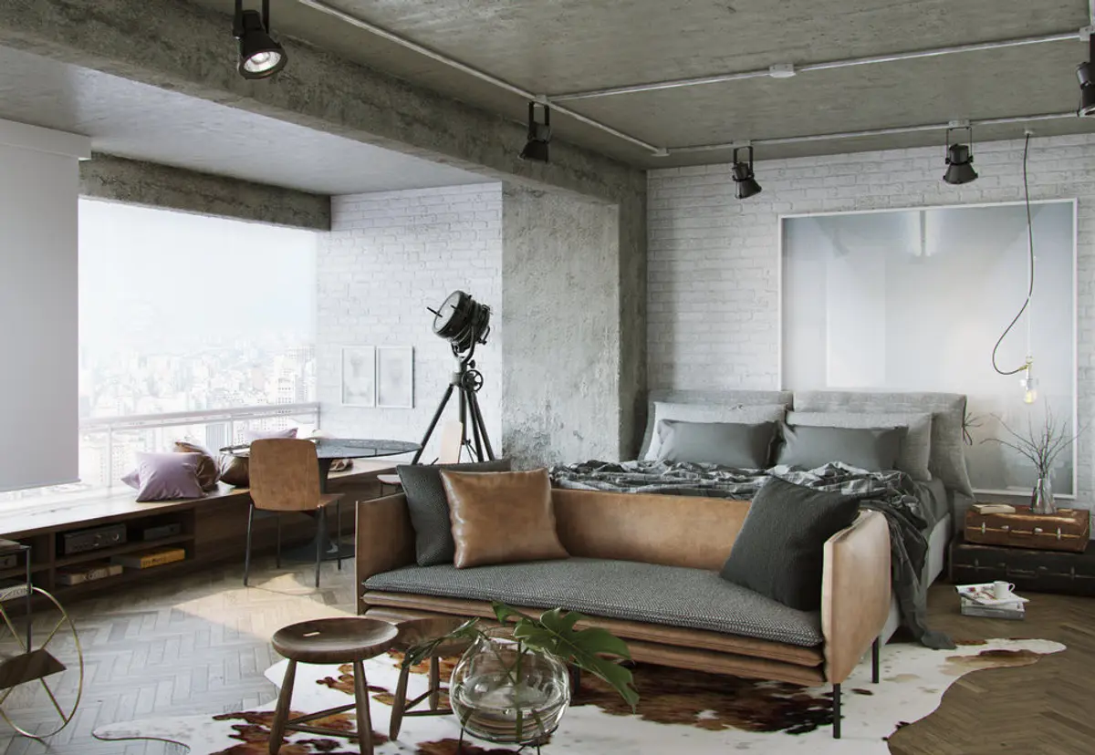 Living industrial con sofa gris, hormigon visto y ventanal amplio — proyecto RA Loft, por Studio Ro-ca