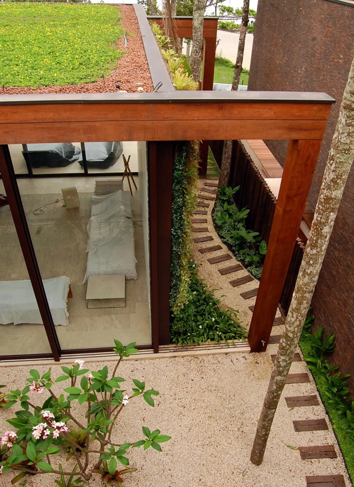 Patio estrecho con ventanal amplio, plantas trepadoras y piso de hormigon — proyecto West Whales, por Gil Fialho