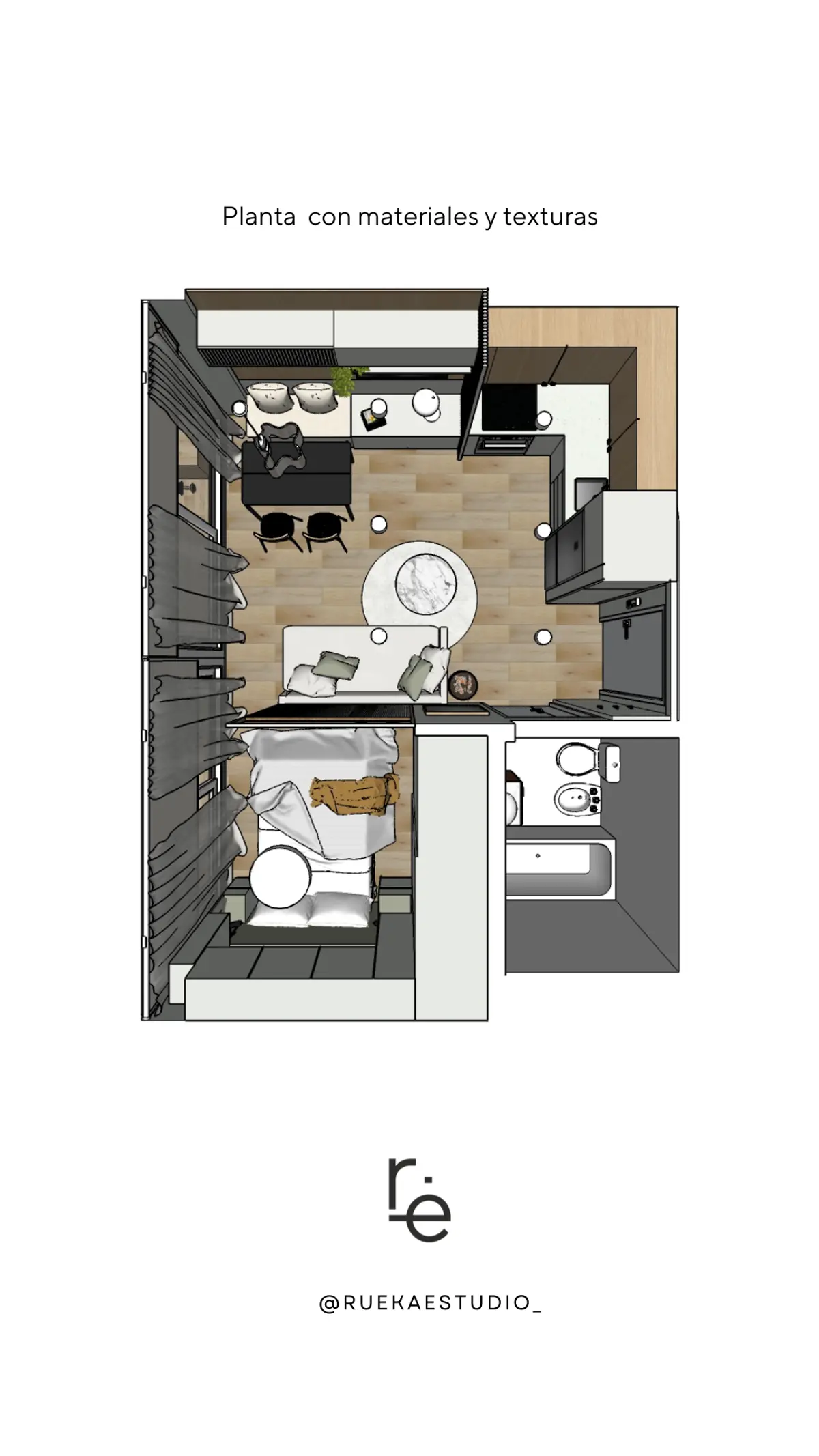 Planta de apartamento compacto com texturas e design moderno — projeto Monoambiente Balcarce, por Rueka Estudio, em Belgrano