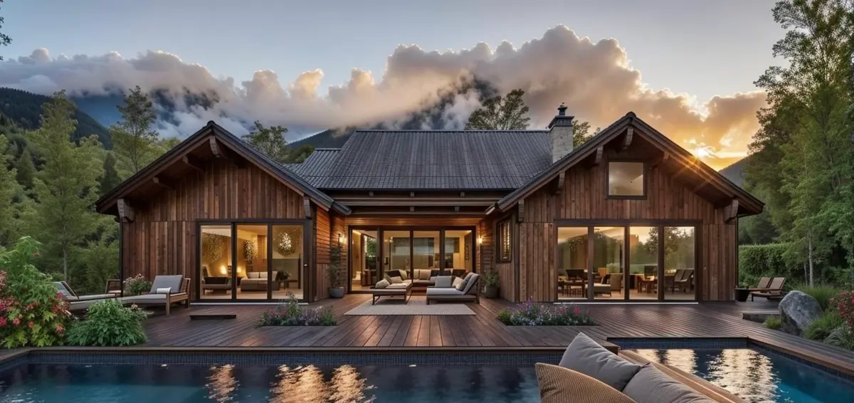 fachada rústica moderna com piscina e montanhas — projeto NORDIC house, por Grupo Steimberg, em B1648 Tigre