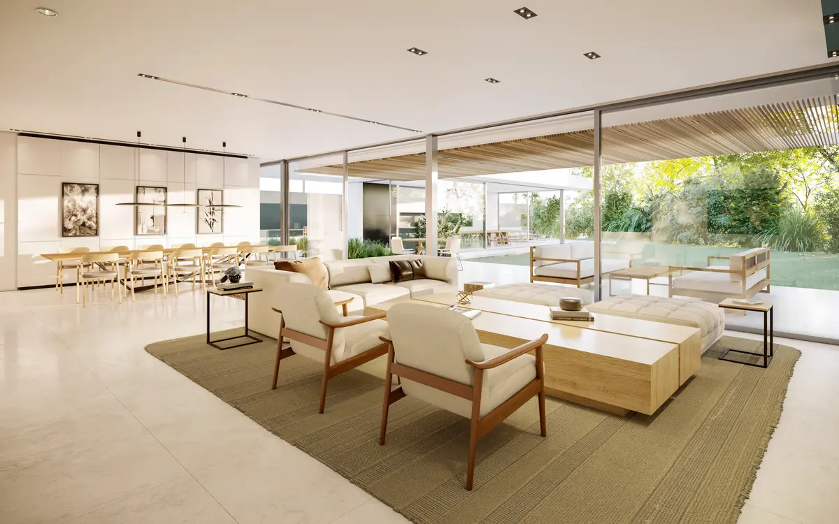 living comedor moderno abierto con ventanales — proyecto CASA GKM, por GMARQ, en Garin