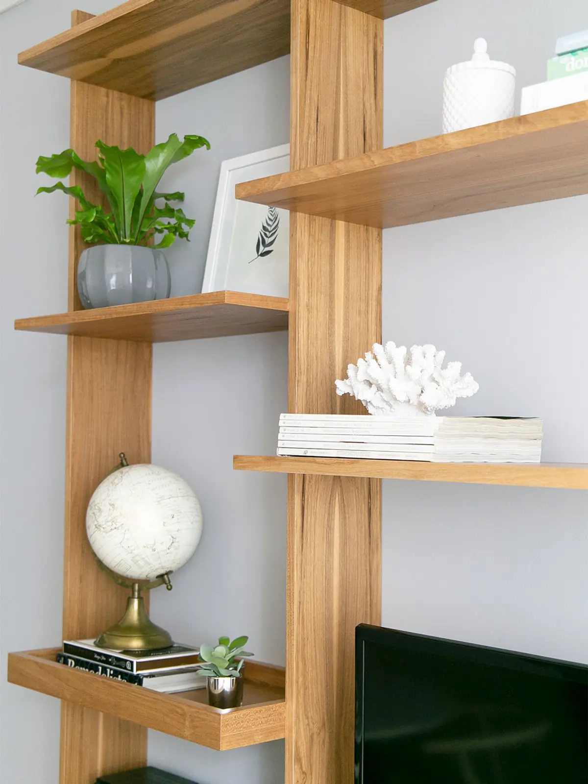 Estante modular de madeira natural com plantas e objetos decorativos — projeto Proyecto Cerviño, por Olivia D, em Palermo