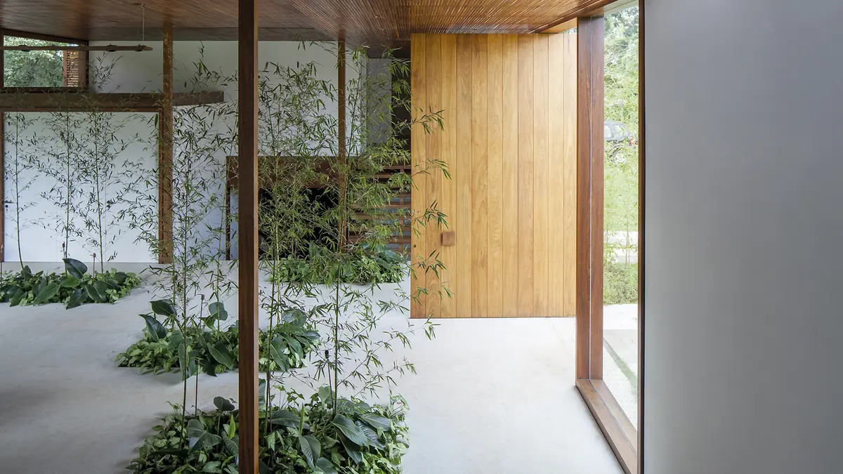 Pasillo luminoso con plantas y techo madera, diseño minimalista contemporáneo — proyecto Residência GS, por Gil Fialho