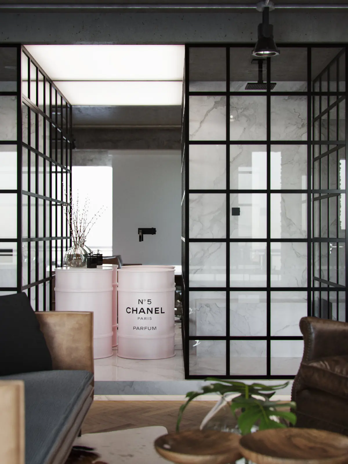Baño contemporáneo con divisorio hierro, mármol y perfume Chanel decorativo — proyecto RA Loft, por Studio Ro-ca