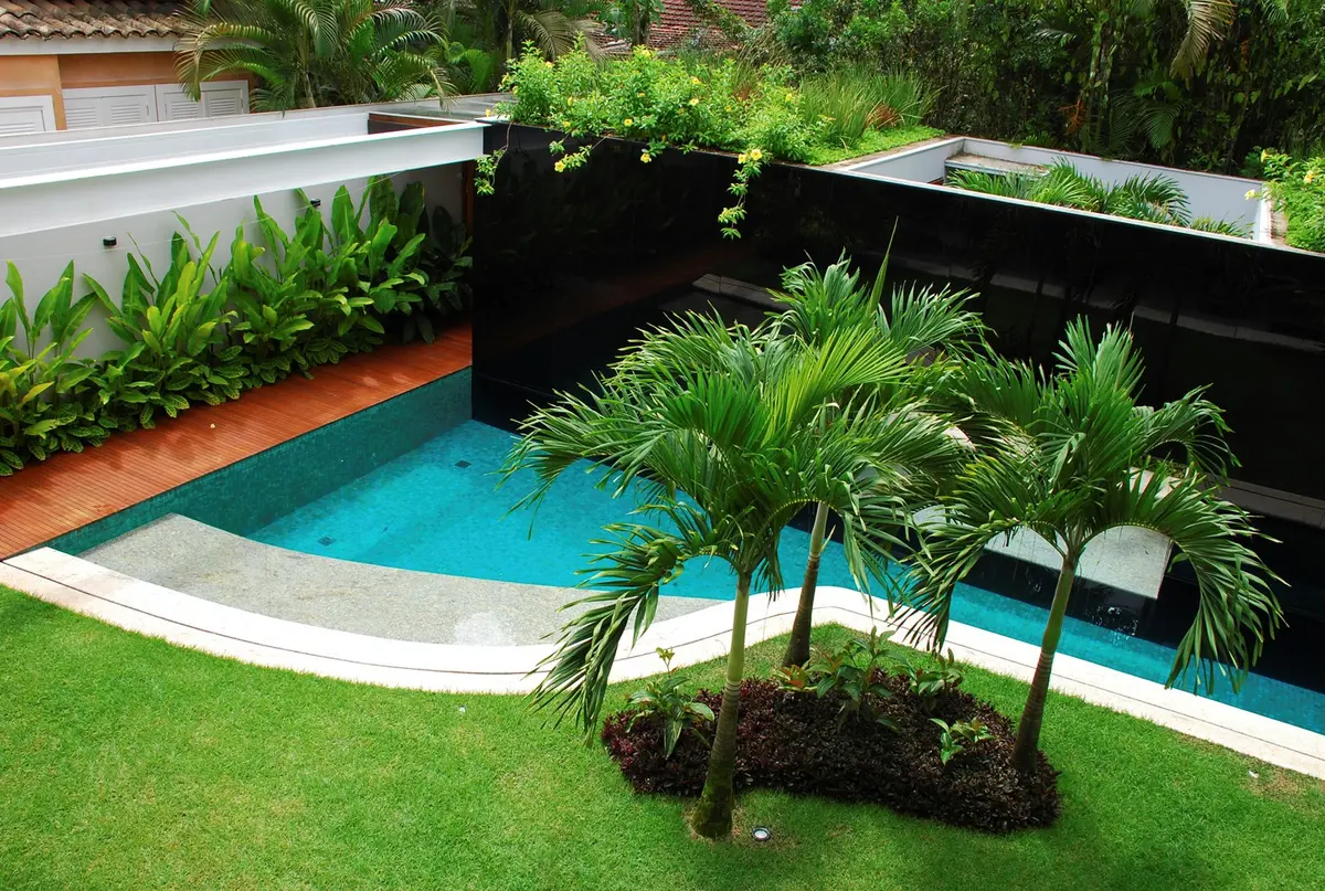 Pileta de diseño moderno con palmeras y jardín en terraza — proyecto Residência MI, por Gil Fialho