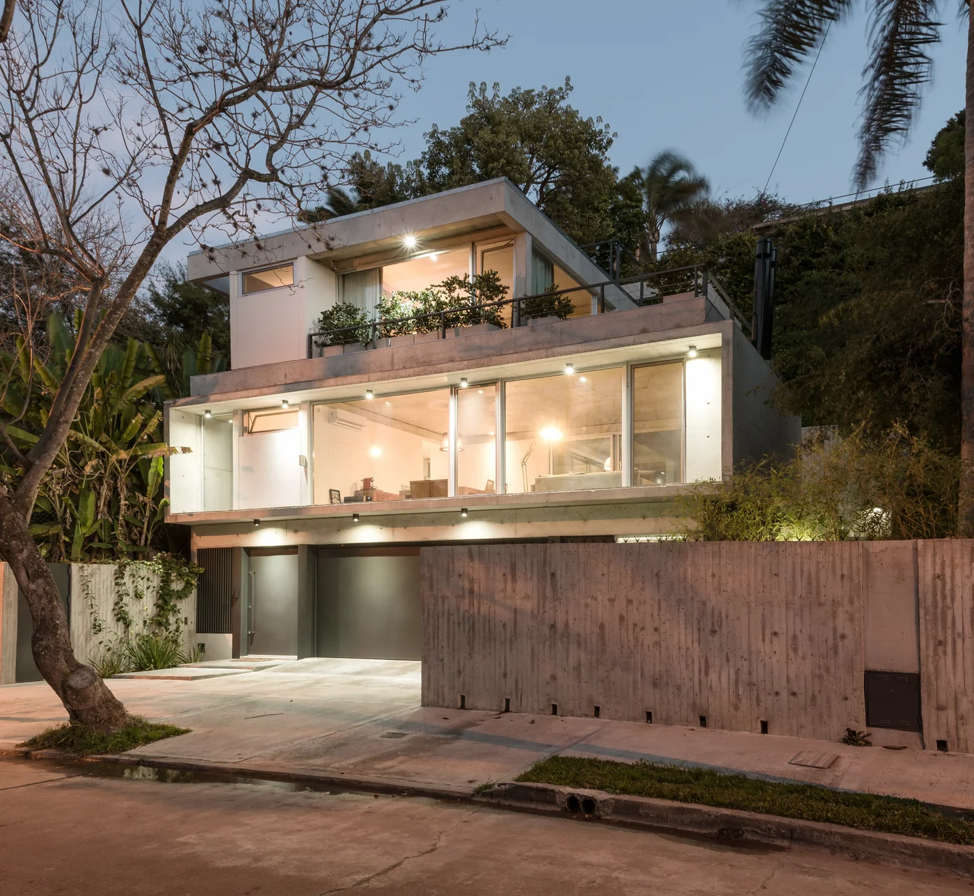 fachada moderna de hormigón con grandes ventanales e integración de árboles