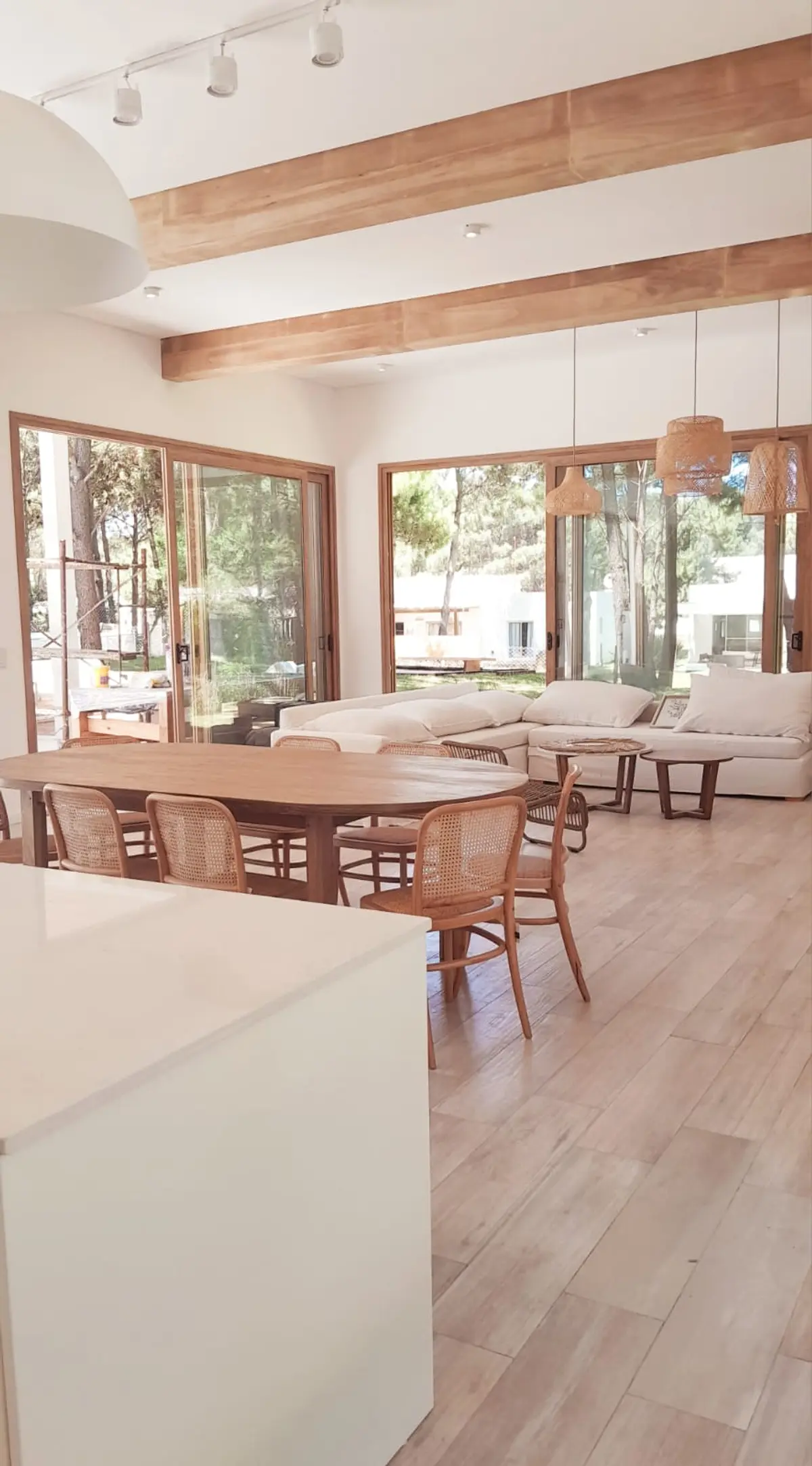 Living comedor moderno rústico con vigas de madera y grandes ventanales — proyecto Casa NF, por TAVA Coop, en Pinamar