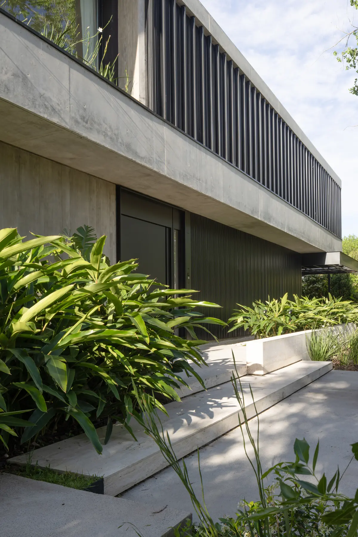 Fachada moderna brutalista com concreto aparente e vegetação — projeto CASA AWA, por radovic_arquitecto, em Benavidez