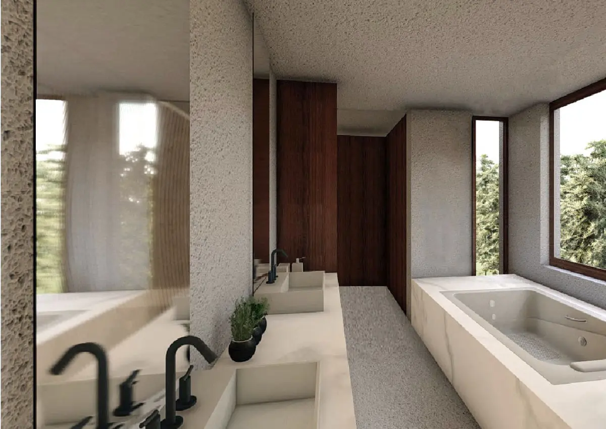 Baño moderno con piedra texturizada y vistas al bosque — proyecto CASA COSTAS I, por Alejandra Pan Arquitectura, en Escobar