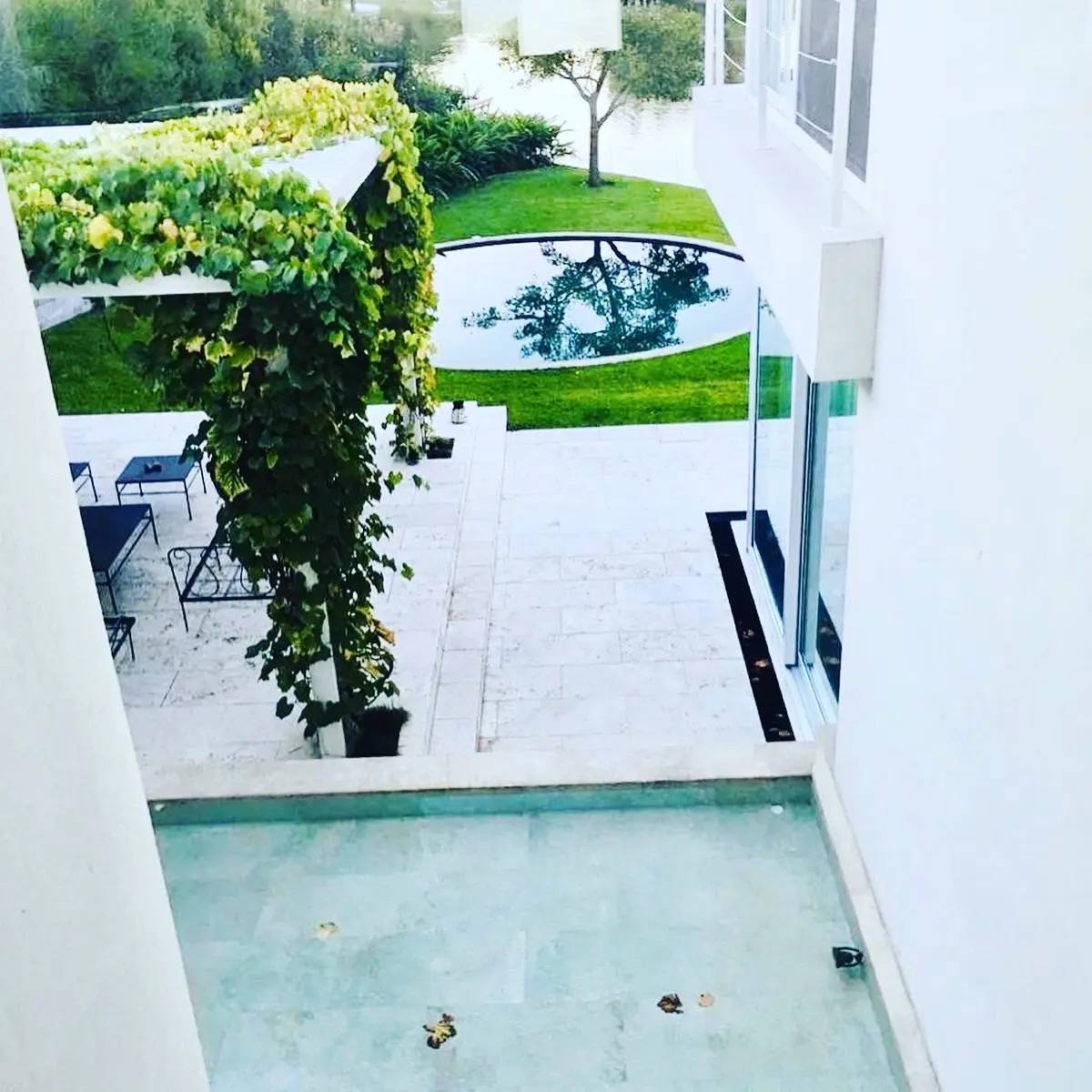 Piscina moderna con pared verde y deck de piedra — proyecto CASA LAGUNA, por Estudio Xime Fontan Balestra, en Tigre
