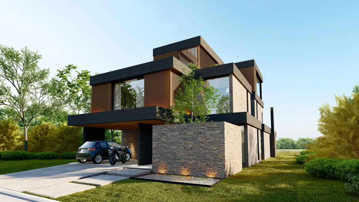 fachada moderna de dos pisos con detalles en madera y hormigón — proyecto PUENTES 212, por EDIFIZZI, en Buenos Aires
