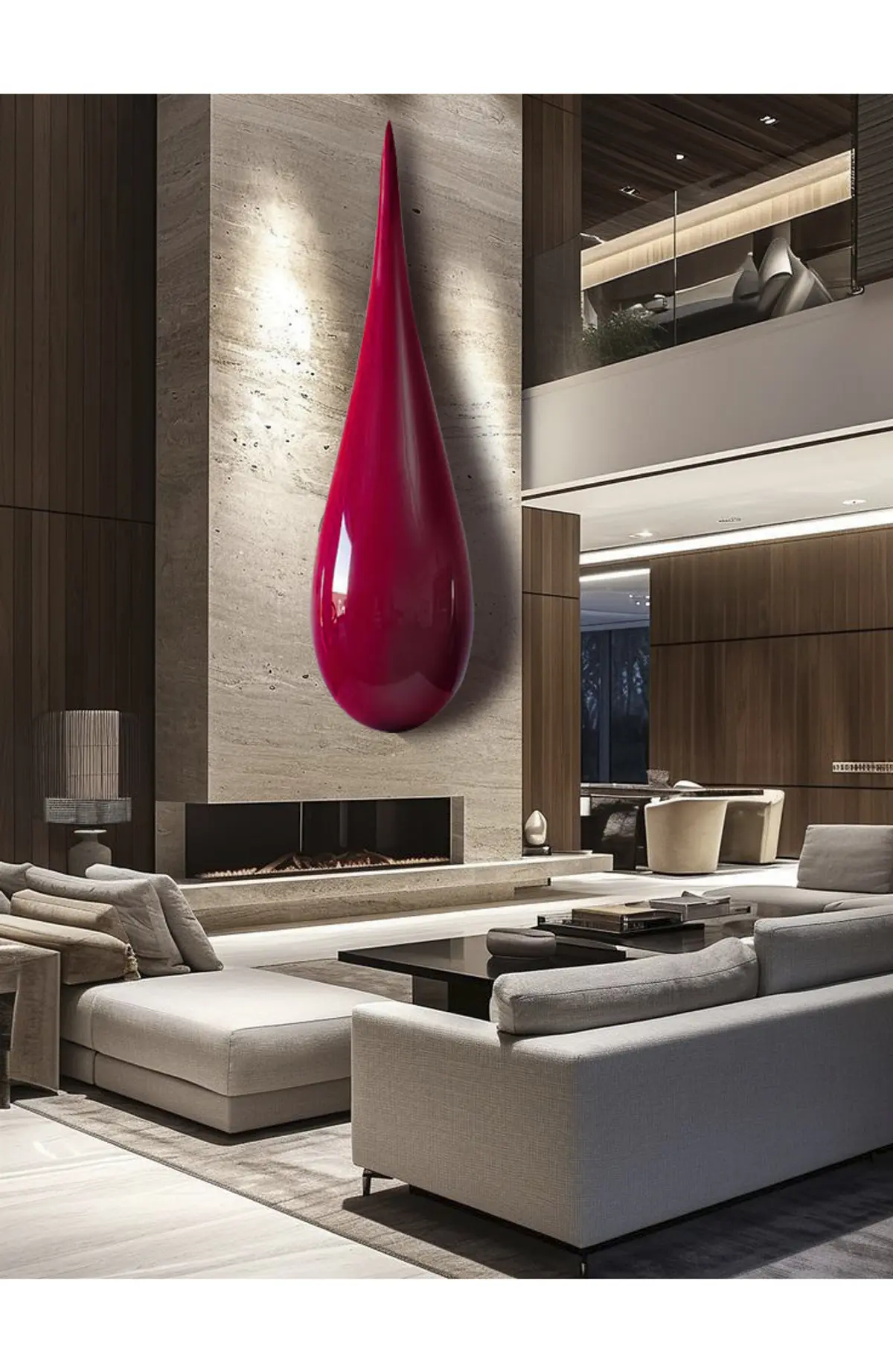 Sala de estar moderna com escultura vermelha e lareira de pedra grande — projeto Gota de Vino ( homenaje al vino), por Cristóbal Peña y Lillo, em Mendoza