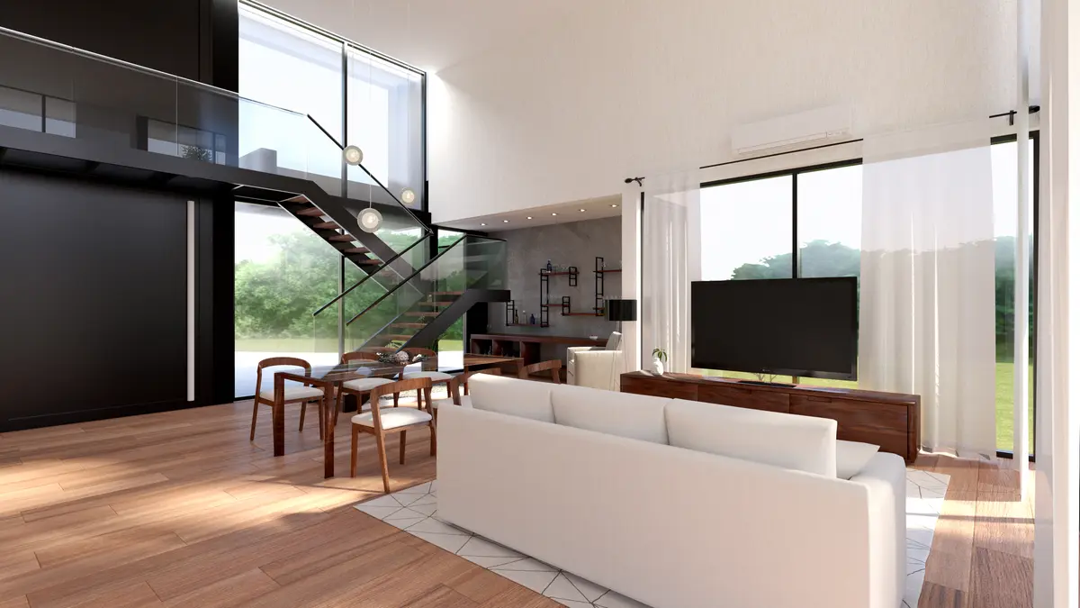 Living comedor moderno con escalera flotante y doble altura — proyecto Casa TLS847, por EZ architects, en Canning