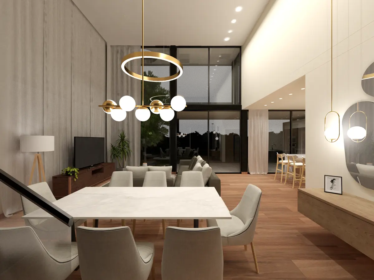Living comedor moderno con doble altura y grandes ventanales — proyecto Casa TLS847, por EZ architects, en Canning
