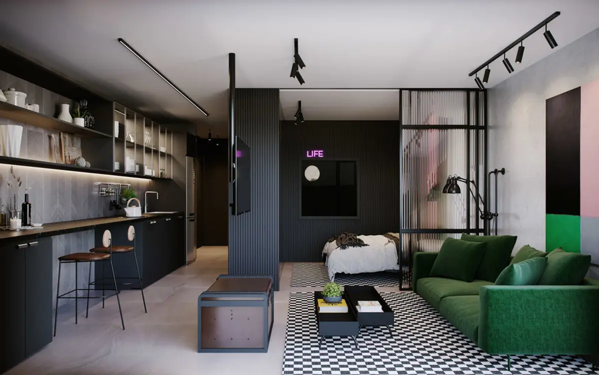 Living contemporáneo con sofá verde, cocina negra integrada y doble altura — proyecto Bossa 107 -BAIT, por Studio Ro-ca