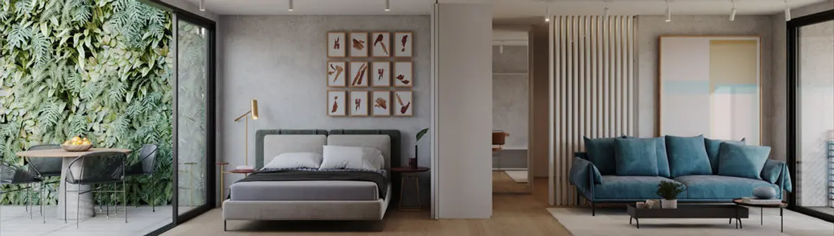 Dormitorio moderno con jardín vertical, cama gris y living integrado — proyecto Bossa 107 -BAIT, por Studio Ro-ca