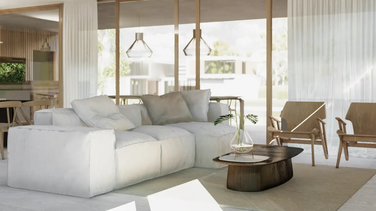 Living moderno con sofá blanco, sillones de madera y grandes ventanales luminosos — proyecto Casa Canal, por RY Construir Estudio, en Belén de Escobar