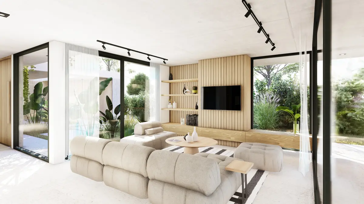 Living moderno con sofá modular beige y grandes ventanales al jardín — proyecto Casa Naudir, por RY Construir Estudio, en Belén de Escobar