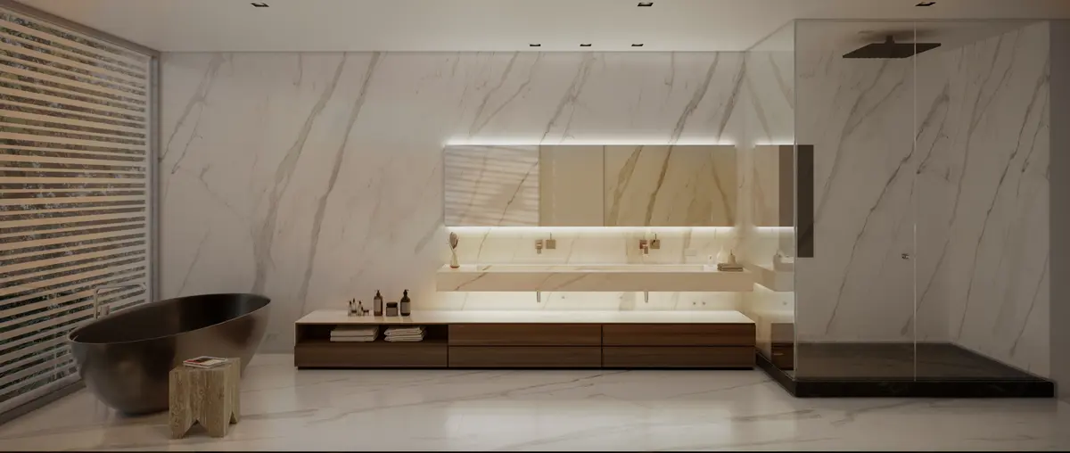 Baño moderno de lujo con mármol, bañera exenta y ducha vidriada — proyecto CASA GKM, por GMARQ, en Garin