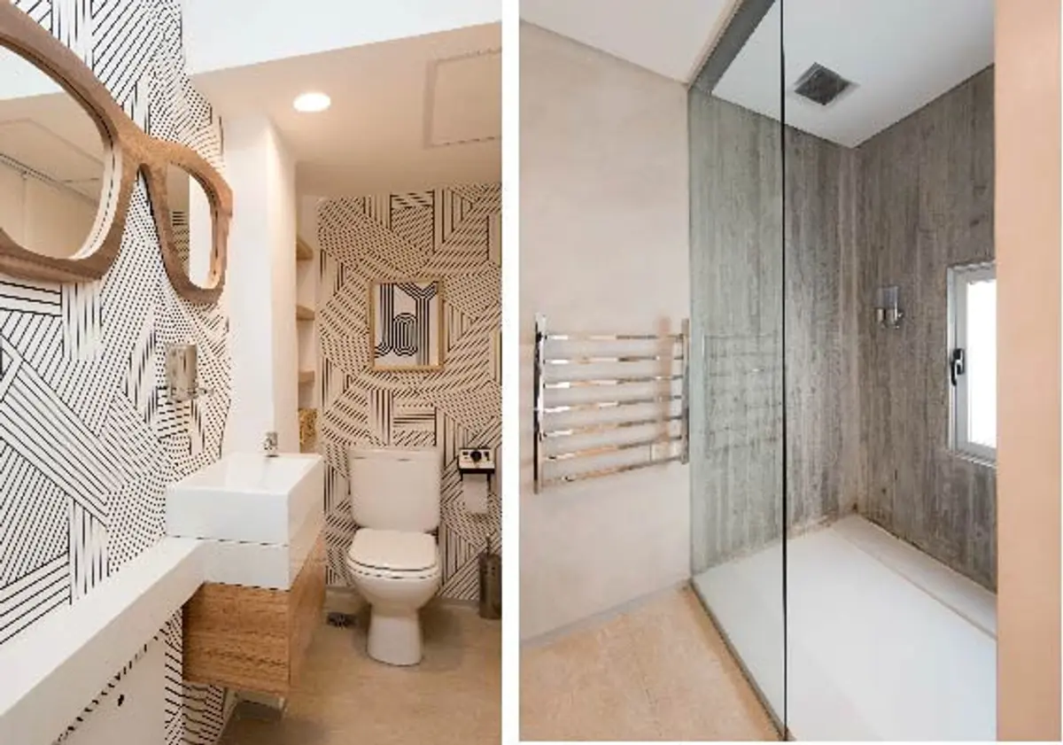 Baño moderno con detalles geométricos y texturas de concreto — proyecto CASA GOLF III, por Alejandra Pan Arquitectura, en Nordelta