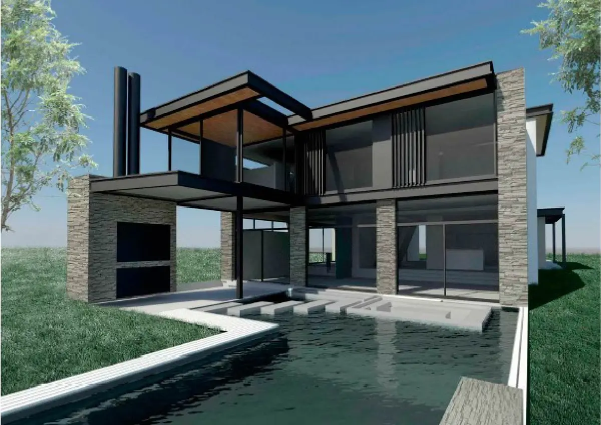 modern casa con piscina y detalles en piedra — proyecto CASA VIRAZON I, por Alejandra Pan Arquitectura, en Nordelta