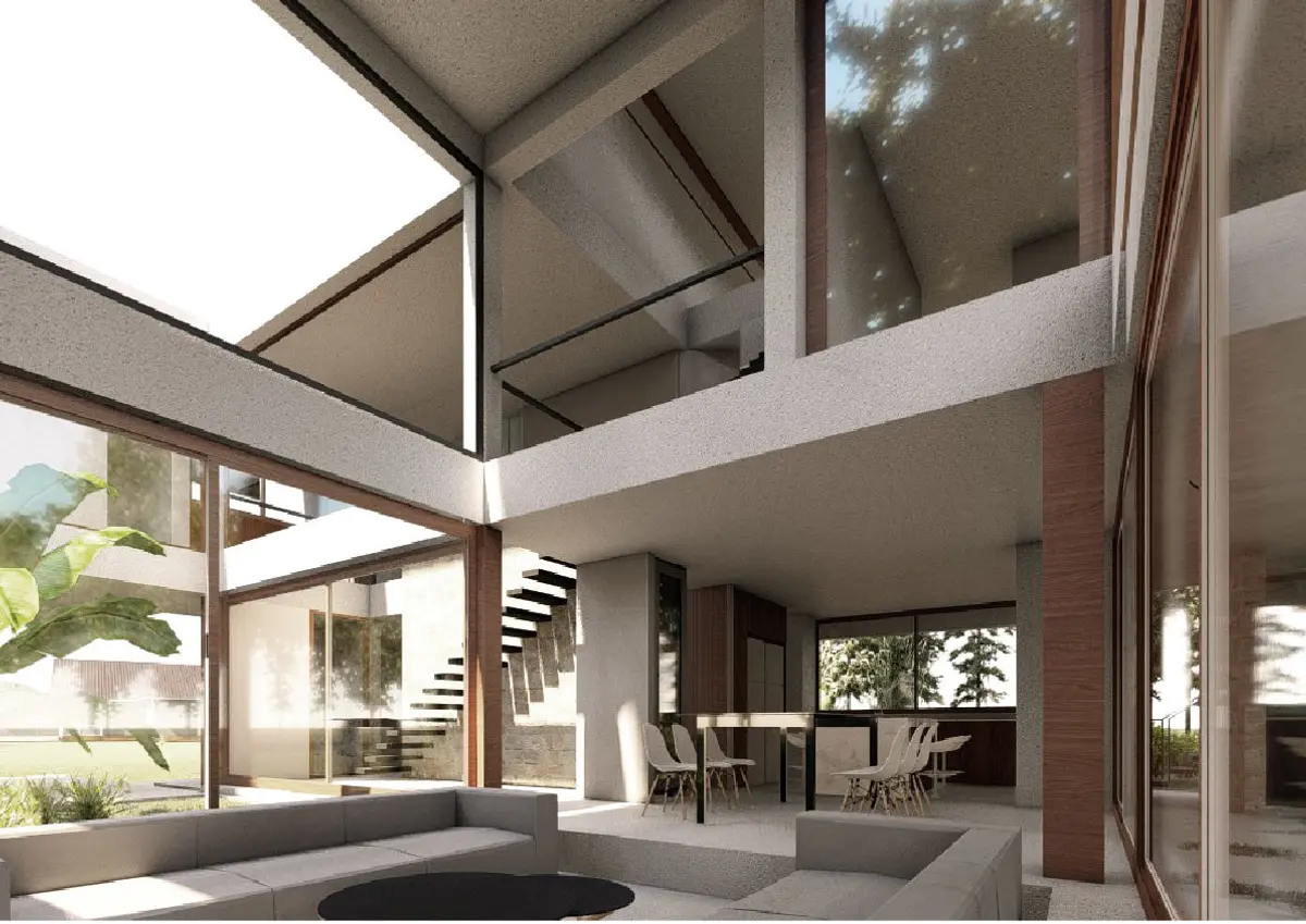 Living moderno con doble altura, concreto y madera — proyecto CASA COSTAS I, por Alejandra Pan Arquitectura, en Escobar