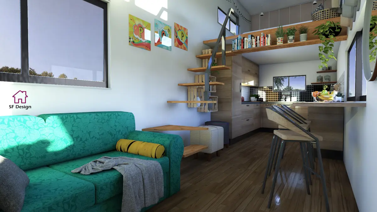 Living contemporáneo con sofá verde, doble altura y plantas colgantes — proyecto Diseño de Trailer , por Sabrina Ferrer - Sf Design 