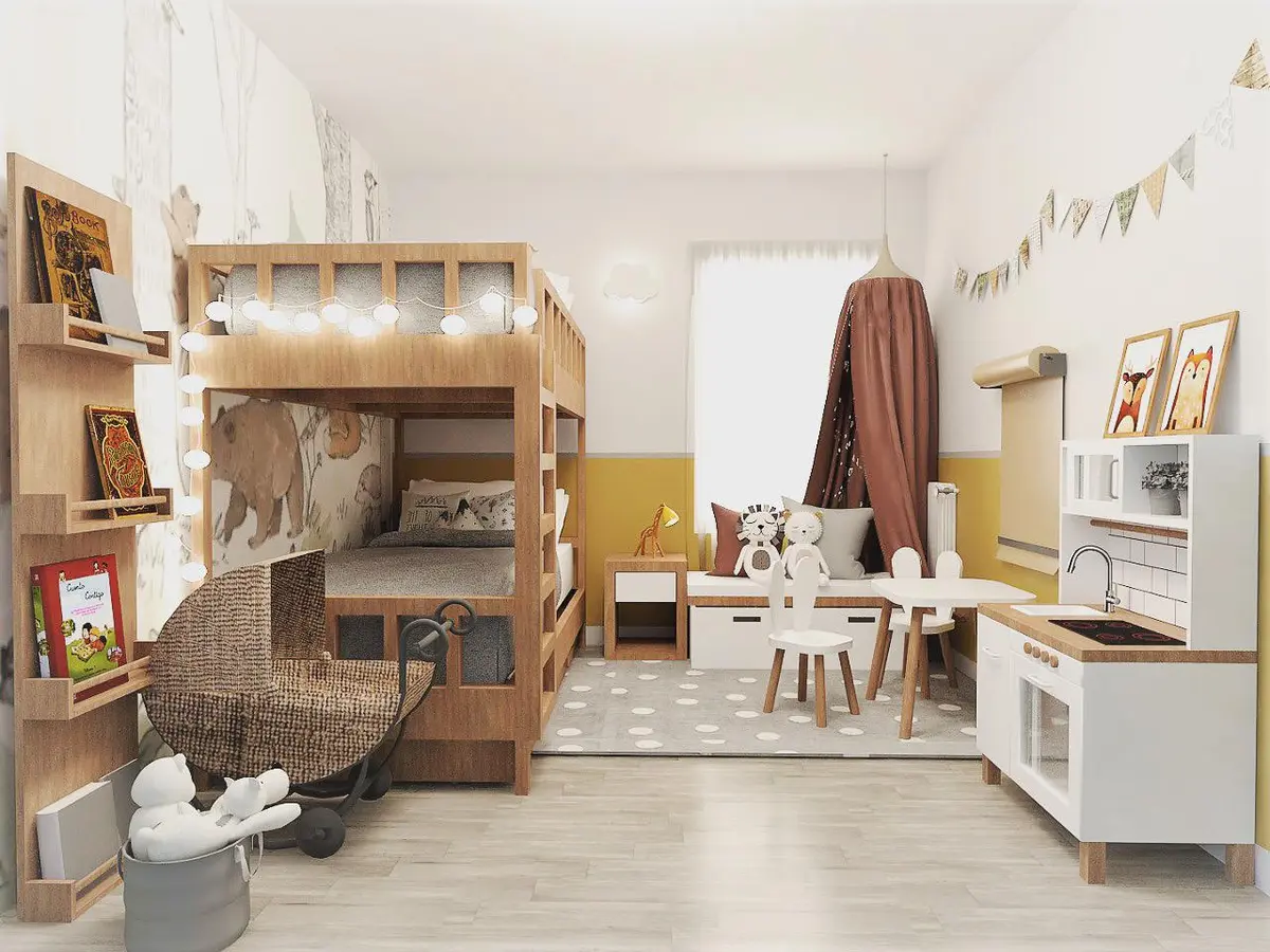 Quarto infantil escandinavo com beliche e área de brincar — projeto TRENO DECO KIDS, por Vicky Ferraiuelo
