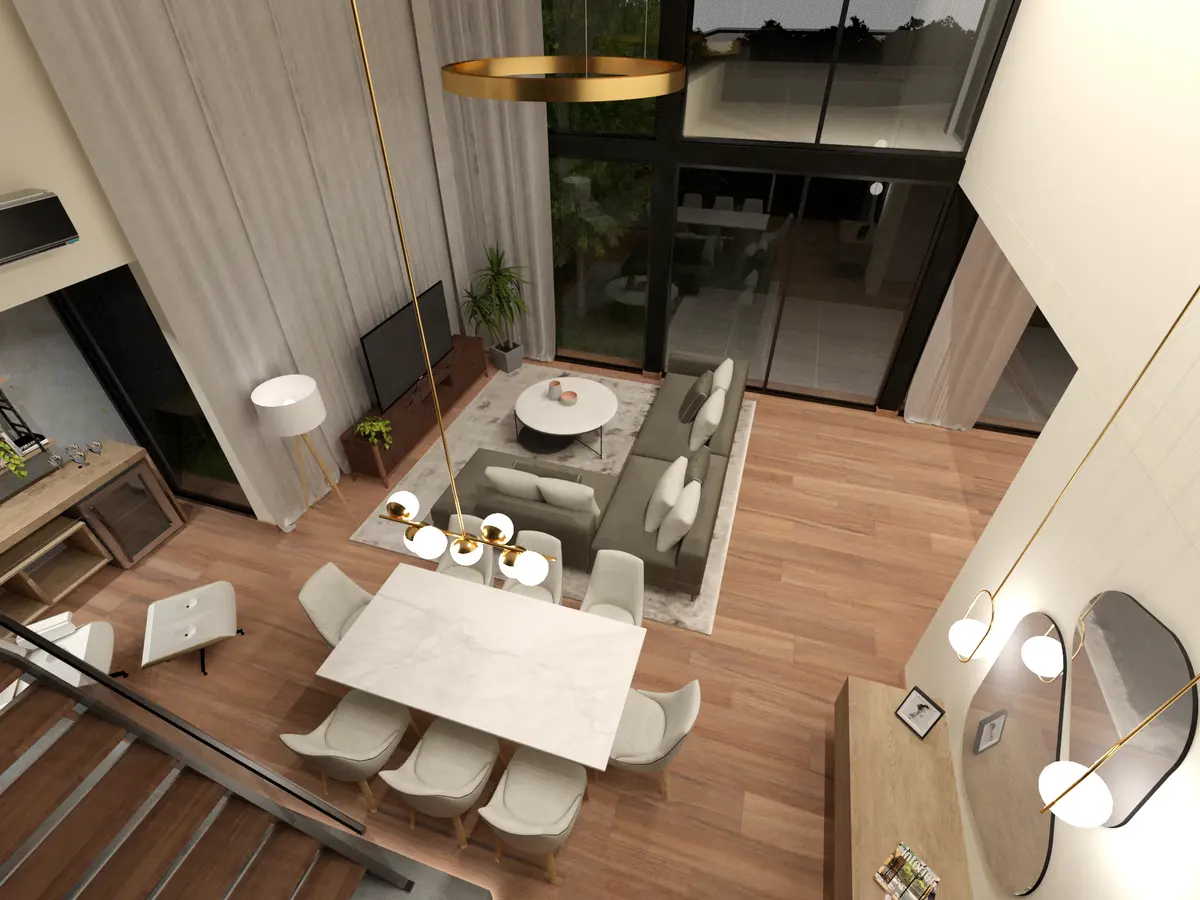 Living moderno de doble altura con estilo escandinavo — proyecto Casa TLS847, por EZ architects, en Canning