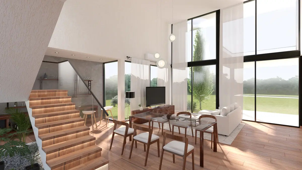 Living comedor moderno con doble altura y mucha luz — proyecto Casa TLS847, por EZ architects, en Canning