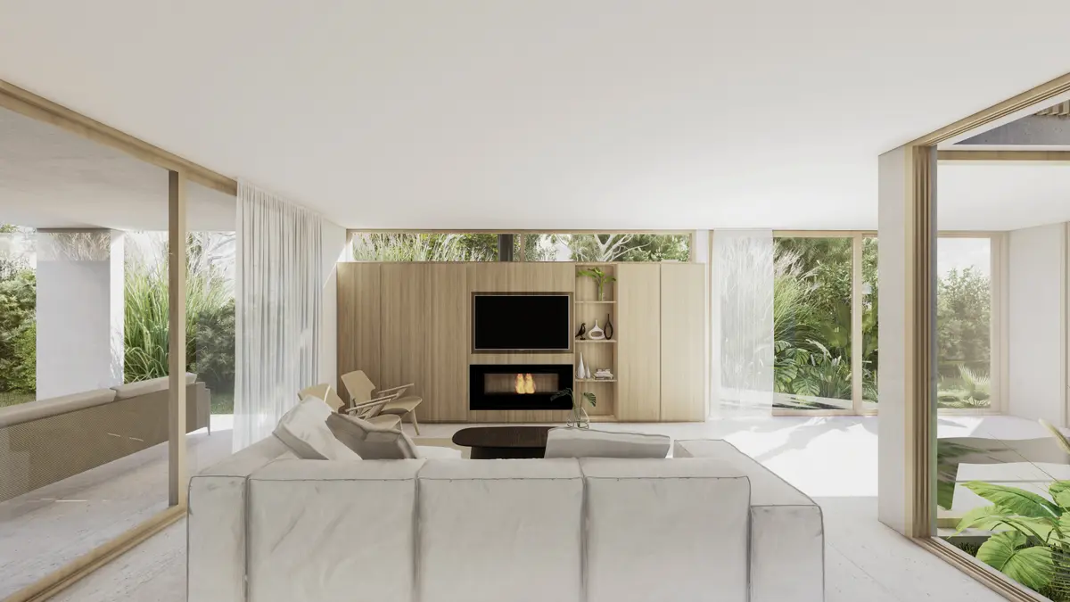 Living minimalista con hogar, sofá blanco y vista al jardín exterior — proyecto Casa Canal, por RY Construir Estudio, en Belén de Escobar
