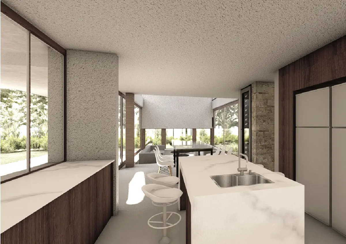 Cocina moderna con isla de mármol, ventanales y madera oscura — proyecto CASA COSTAS I, por Alejandra Pan Arquitectura, en Escobar