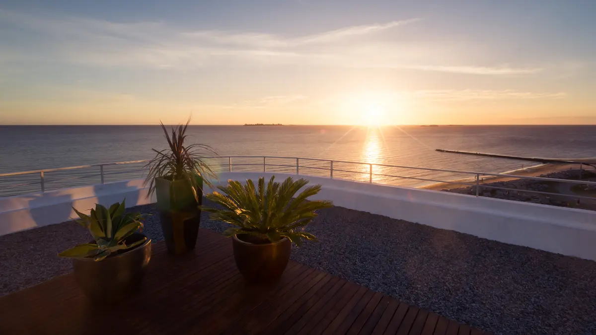 Terraza con vista al mar al atardecer y plantas — proyecto Dos Orillas, por Vanguarda Arquitectos, en Colonia del Sacramento Departamento de C
