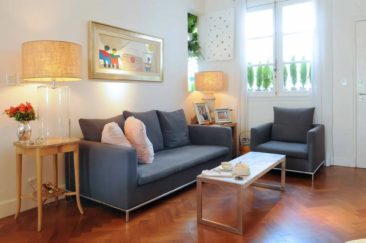 Living moderno con sofá gris, sillón y piso de madera — proyecto Santa Fe, por Estudio Diez Muzzio, en CABA