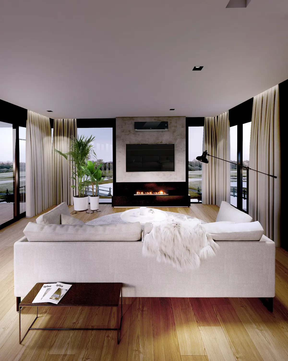 Living moderno minimalista con chimenea lineal y sofá blanco — proyecto Casa SM733, por EZ architects, en Belén de Escobar