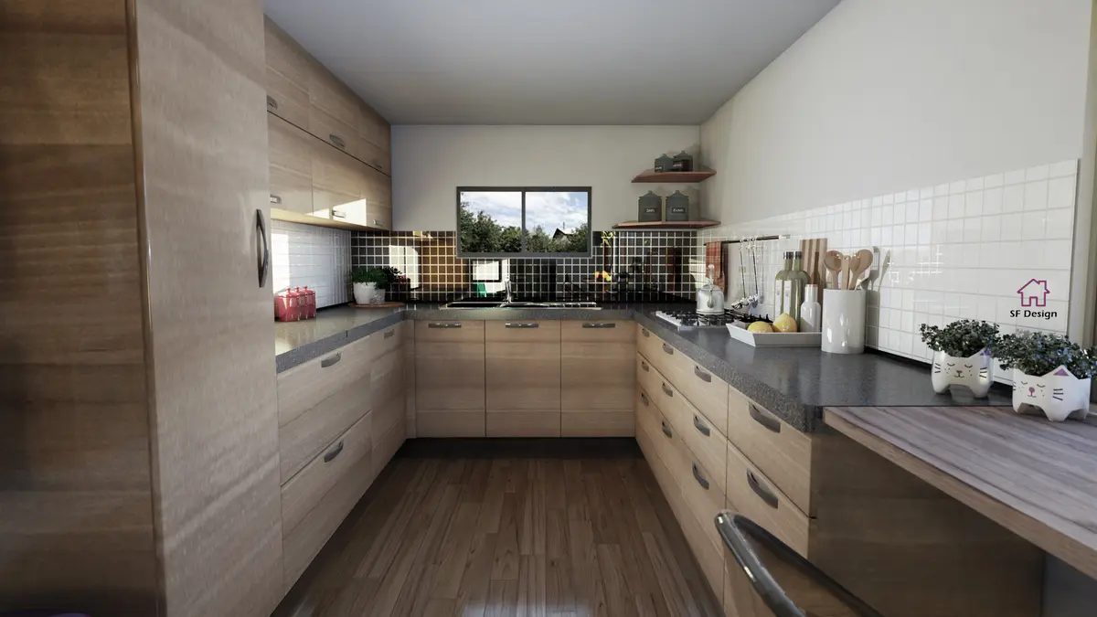 Cocina moderna con mesadas de madera, pisos de parqué y ventanal — proyecto Diseño de Trailer , por Sabrina Ferrer - Sf Design 