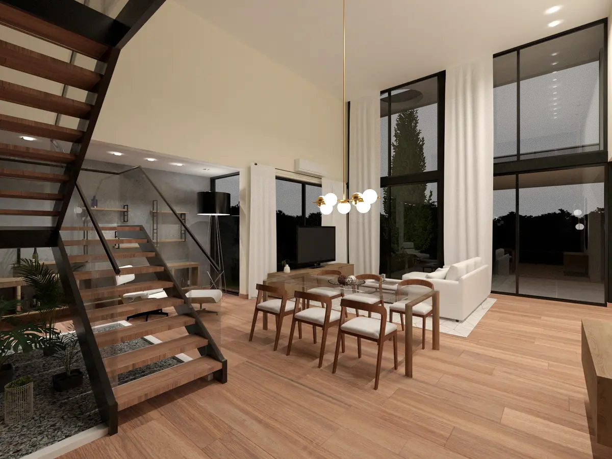 Living comedor moderno de doble altura con escalera flotante — proyecto Casa TLS847, por EZ architects, en Canning