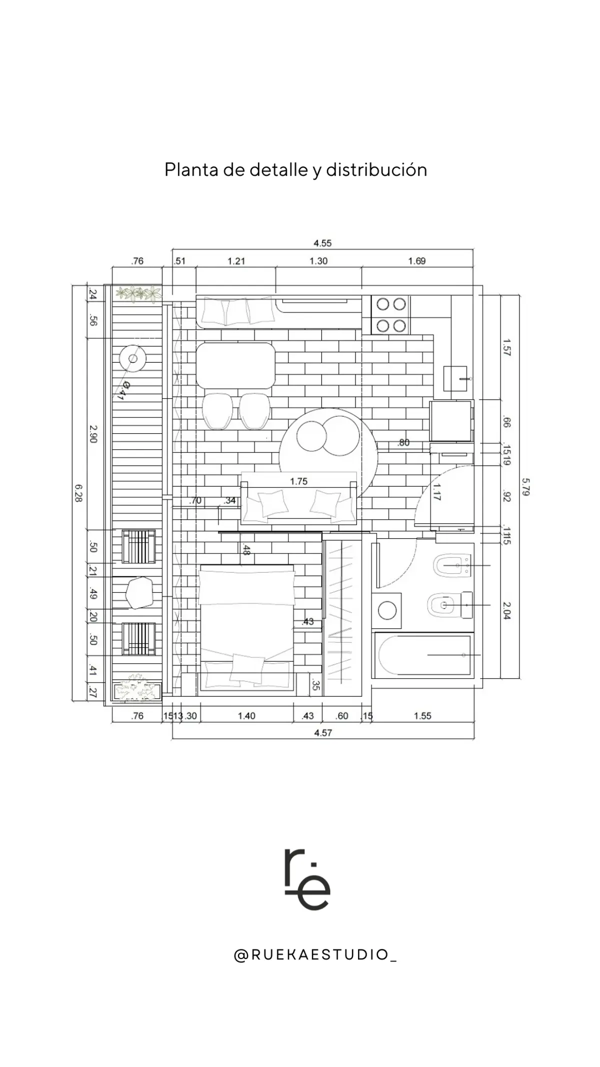 Plano de distribución de departamento moderno con cocina, dormitorio y baño — proyecto Monoambiente Balcarce, por Rueka Estudio, en Belgrano