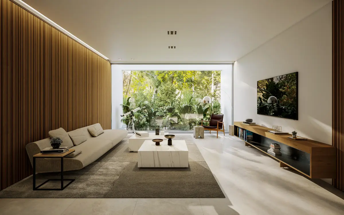 Living moderno con vista a jardín y pared de listones de madera — proyecto CASA GKM, por GMARQ, en Garin
