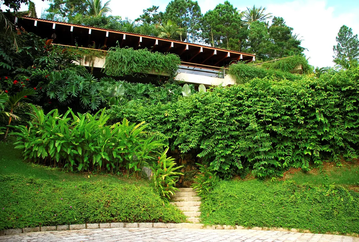 Jardín con vegetación exuberante, pérgola de madera y sendero de piedra — proyecto Residência TH, por Gil Fialho