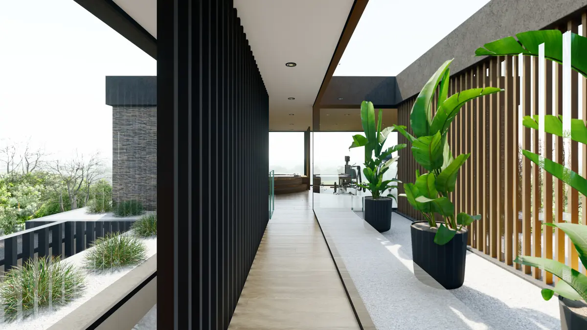terraza moderna con pared de lamas de madera y vegetación — proyecto PUENTES 212, por EDIFIZZI, en Buenos Aires