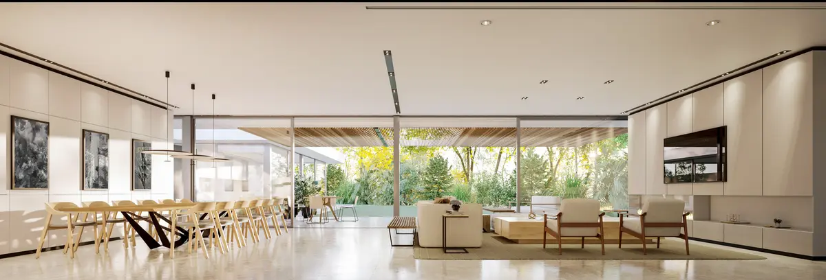 Living comedor moderno con ventanales y vista al bosque — proyecto CASA GKM, por GMARQ, en Garin