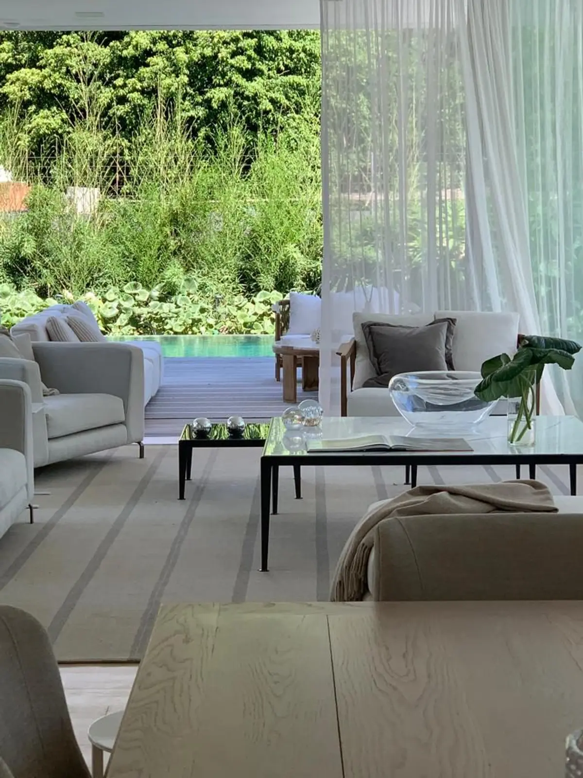 Sala de estar moderna com vista para a piscina e luz natural — projeto CASA BECCAR, por Estudio Xime Fontan Balestra, em Béccar