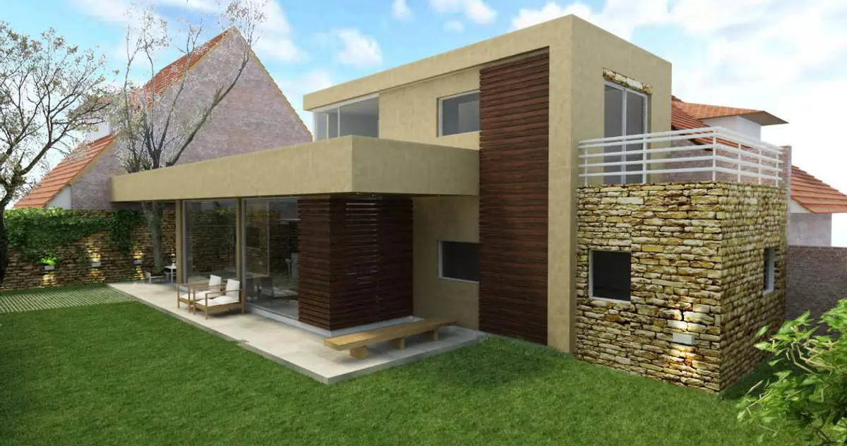 Fachada moderna con piedra, madera y amplios ventanales — proyecto CASA MARTINEZ, por Ramirez Arquitectura, en Martínez