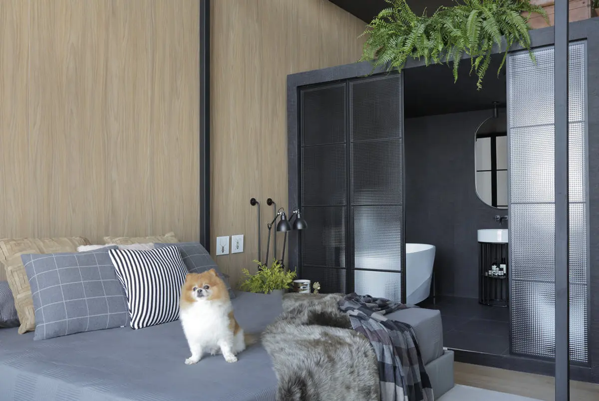 Dormitorio moderno con gato sobre cama y puerta baño negro — proyecto Casa COR 2017, por Studio Ro-ca