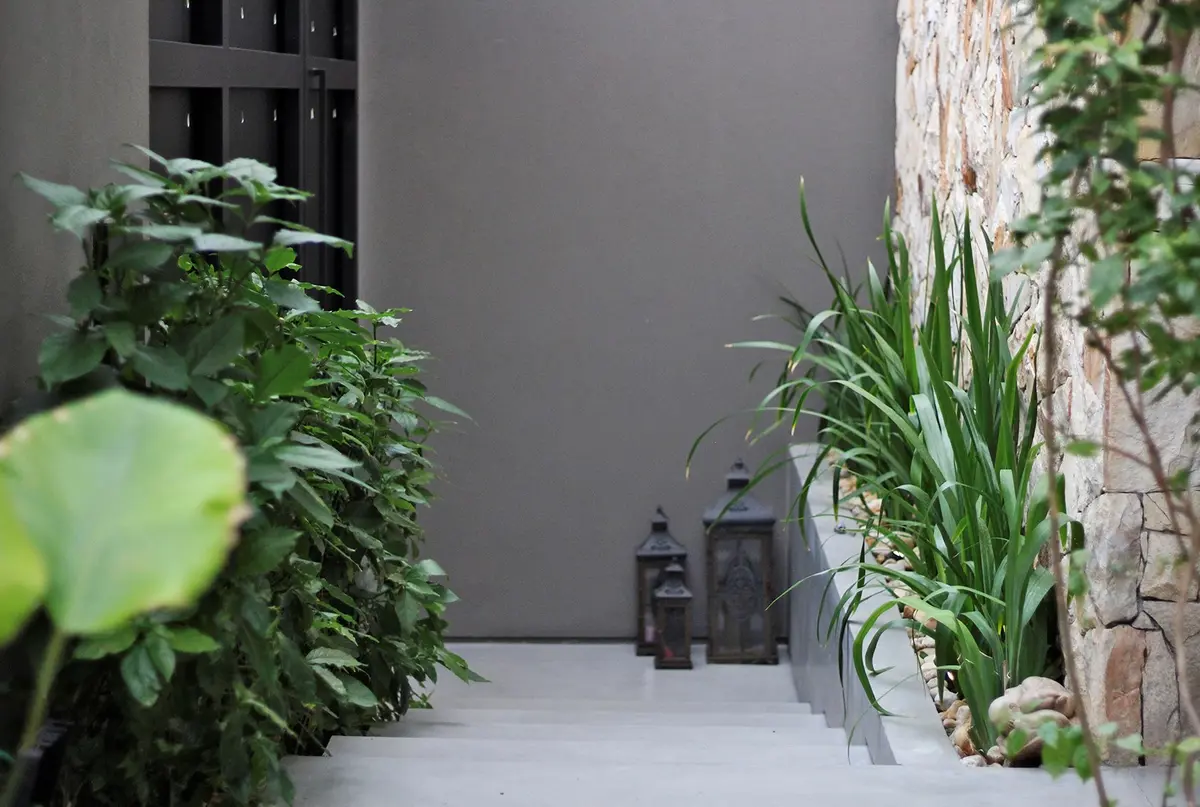 Patio minimalista con plantas y esculturas decorativas — proyecto Residência HC, por Gil Fialho