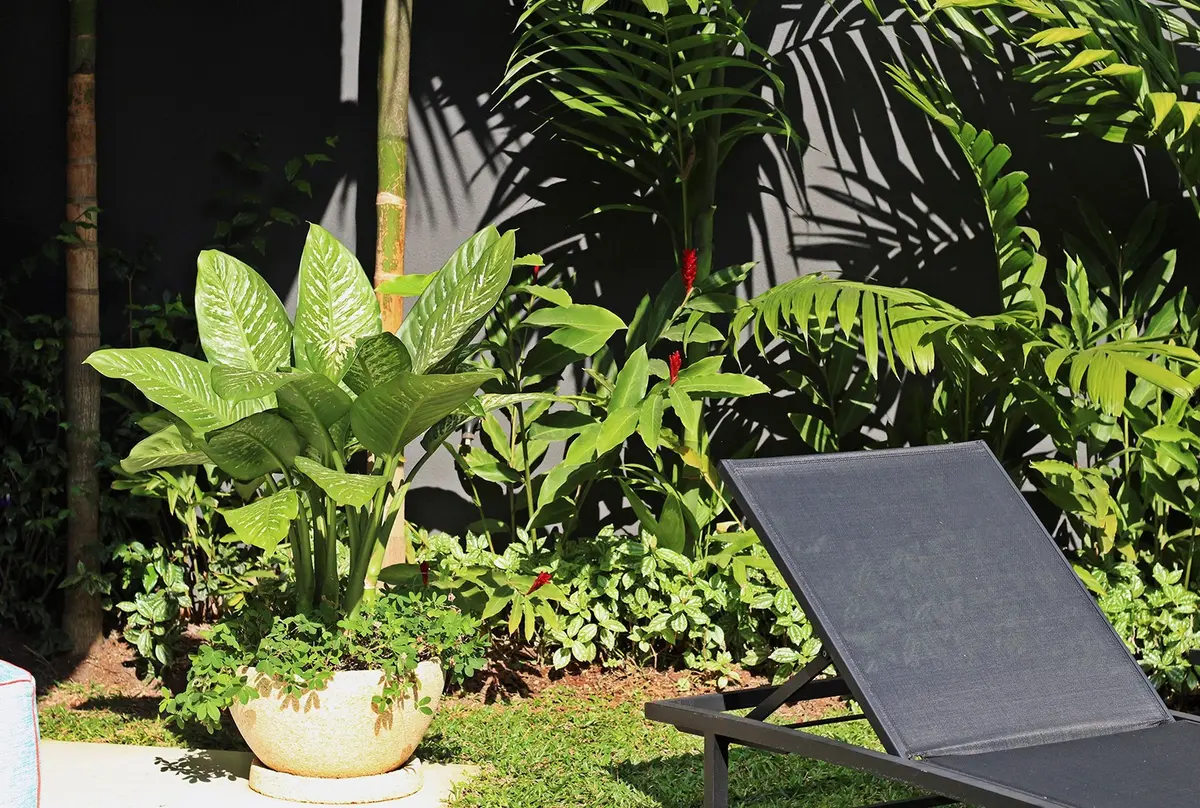 Patio con jardín tropical y reposera gris bajo sombra — proyecto Residência VT, por Gil Fialho
