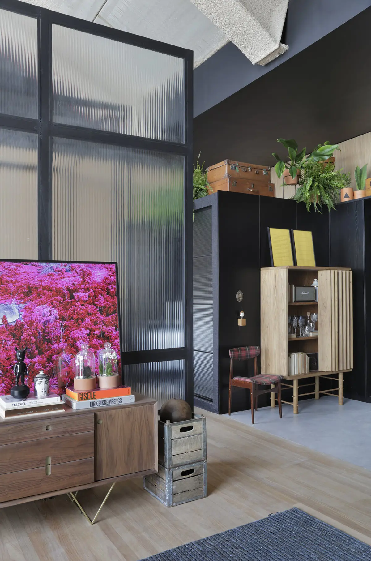 Living contemporáneo con mueblería de madera, pared negra y plantas colgantes — proyecto Casa COR 2017, por Studio Ro-ca