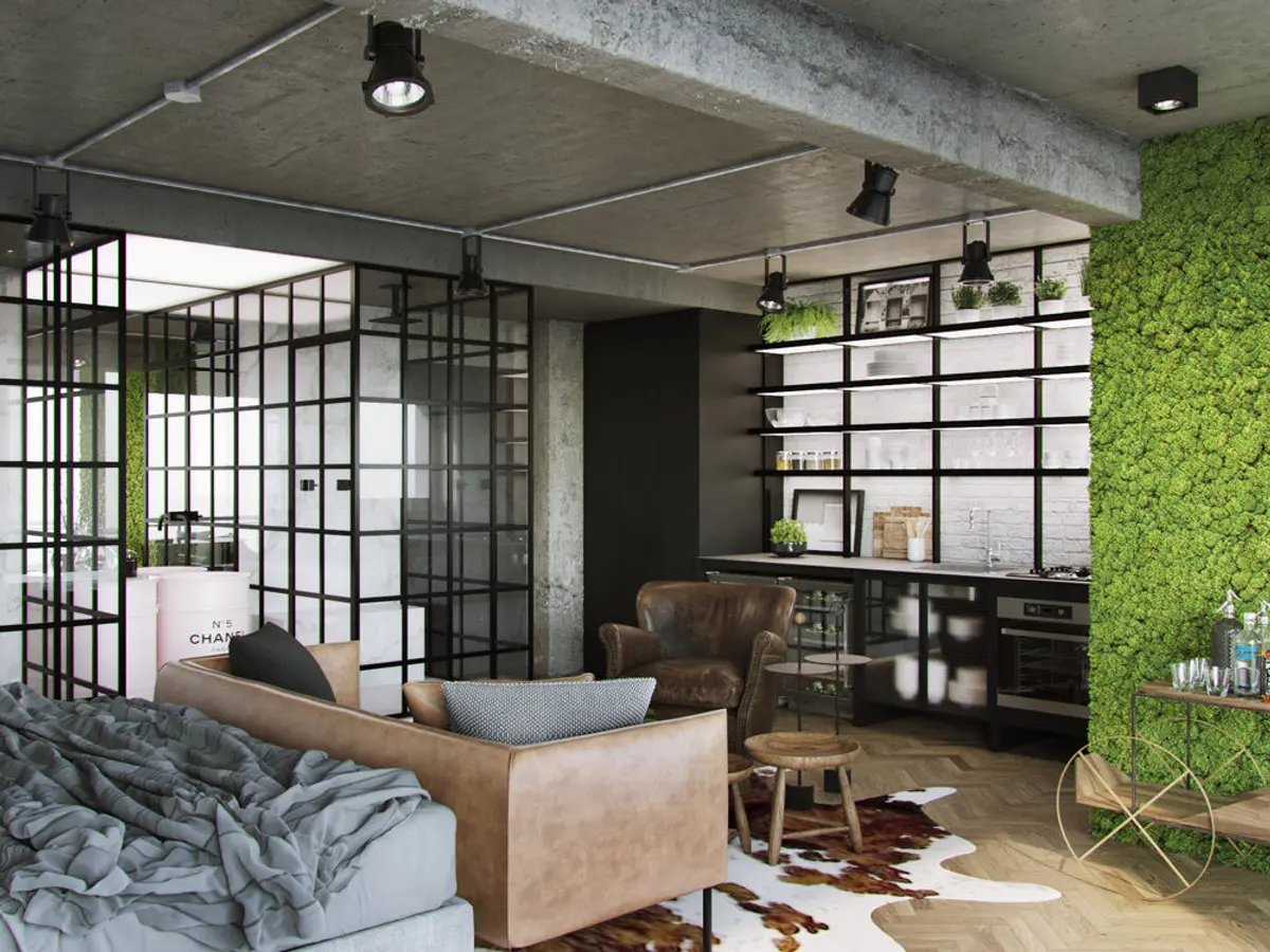 Dormitorio industrial con jardin vertical y separador hierro negro — proyecto RA Loft, por Studio Ro-ca